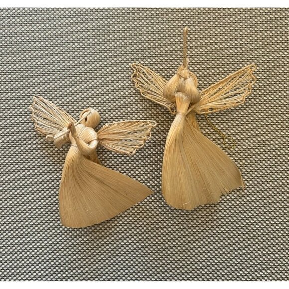 Vintage Corn Husk Angels Horn Christmas Ornaments Set of 2 - Picture 1 of 4